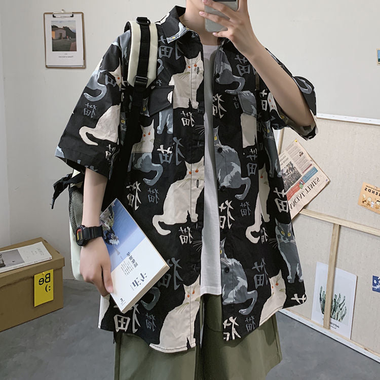 Summer Japanese Style Short Sleeve Shirt Men Half Sleeve Shirt Hong Kong Style Trendy Cat Print Student Loose Casual Shirt12