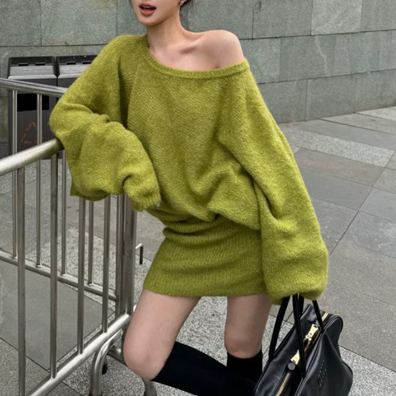 Korean Style Asymmetrical Shoulder Batwing Sleeve Sweater Dress for Women2025Autumn and Winter New Style Belted Elegant Hot Girl Bodycon Mini Dress
