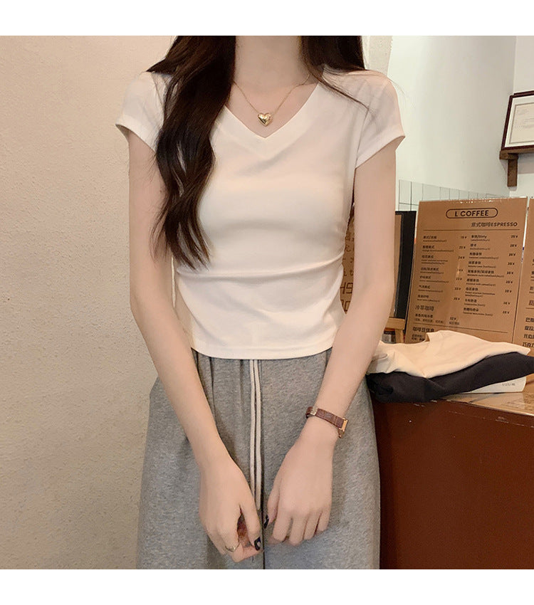 White Slim Fit Ruched t Women's Summer T-shirt2024New design with a structured shoulder and waist-cinching effect for a slimming look V Collar Short Sleeve Top