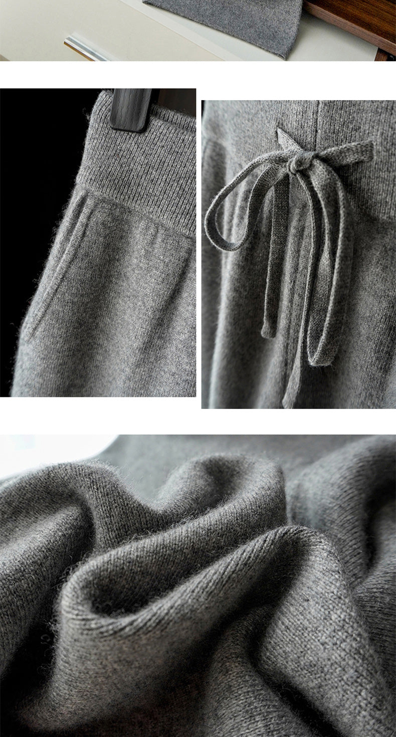 Autumn Winter Thickened Knitted Full Wool Wide-Leg Pants for Women Casual Cashmere High-Waist Draped Loose Straight-Leg Floor-Length Pants