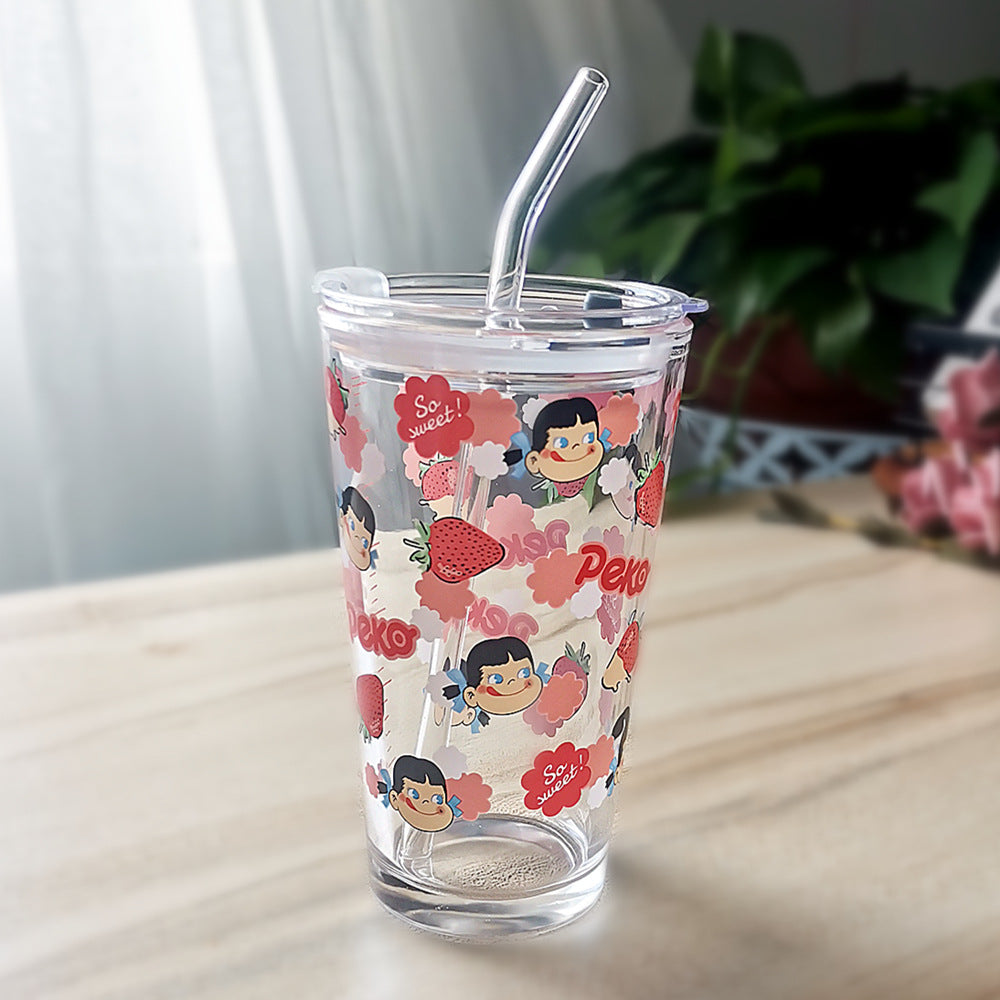ins Glass Cup with Straw Milk Breakfast Cup Cute Cartoon Graduated Cup with Lid Spoon Gift Customization logo