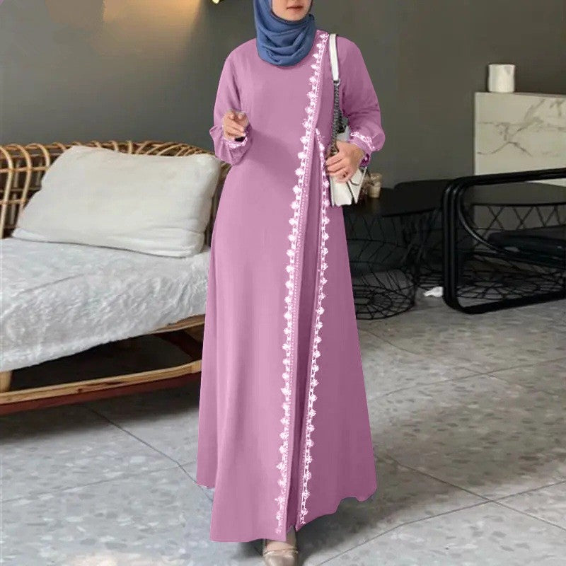 H726#Muslim Women's Clothing Lace Long Robe Dress Fashion Long Sleeve Vest Women's Spring Casual Dress