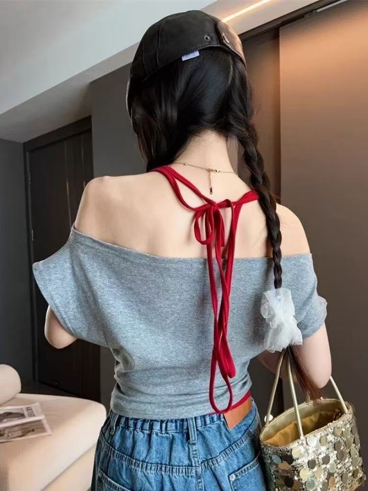 Fashionable Design Letter Print Off-Shoulder Halter Neck Short Sleeve T Women's T-shirt2025Summer New Slimming Short Top