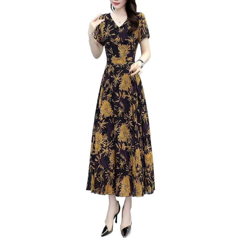 2022Summer New Chiffon Floral Dress Slimming Waist Plus Size Women mm Tummy-Covering Elegant Long Dress