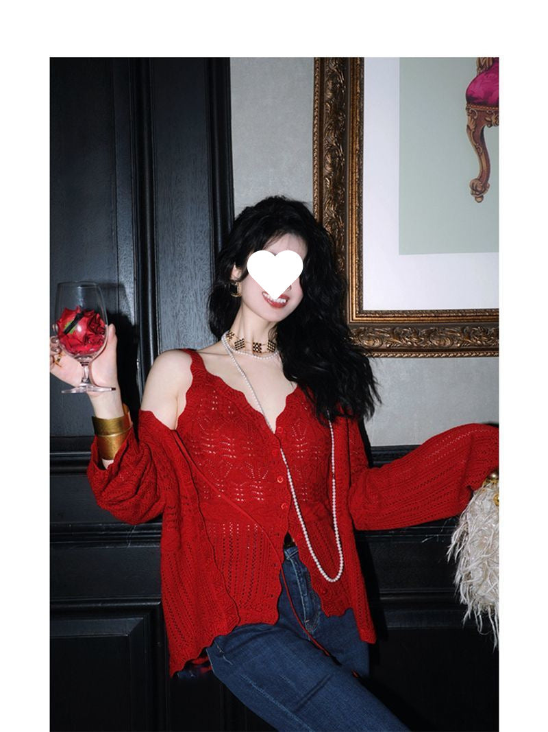 French Style Three-Dimensional Slight Flare V Women's Fashion Collar Suit2025Autumn New Camisole Jacquard Cardigan Two-Piece Set