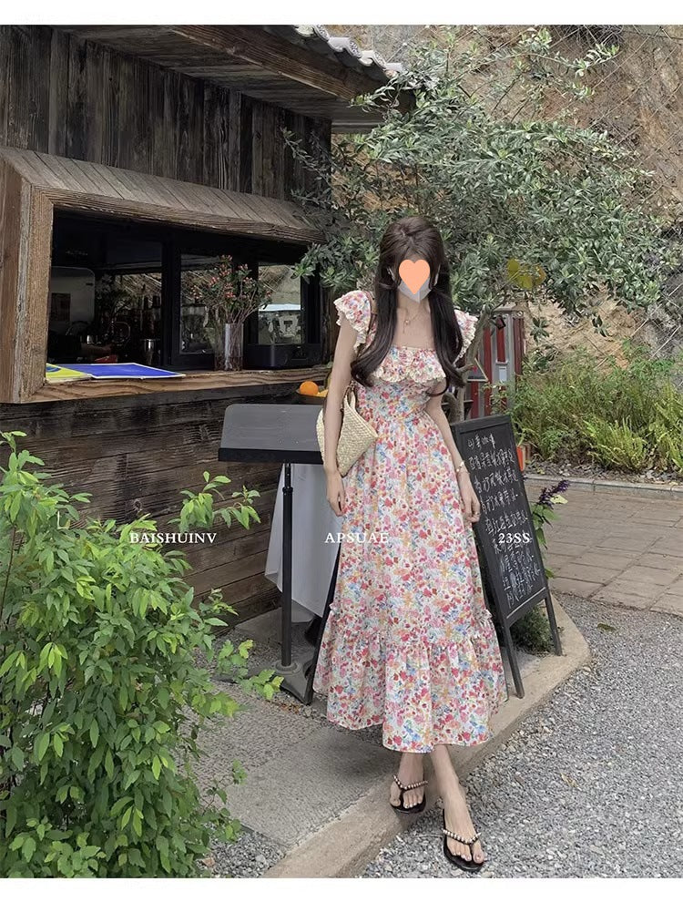 Floral Square Neck Slim Fit Women's Dress for Beach Vacation Casual Long Dress