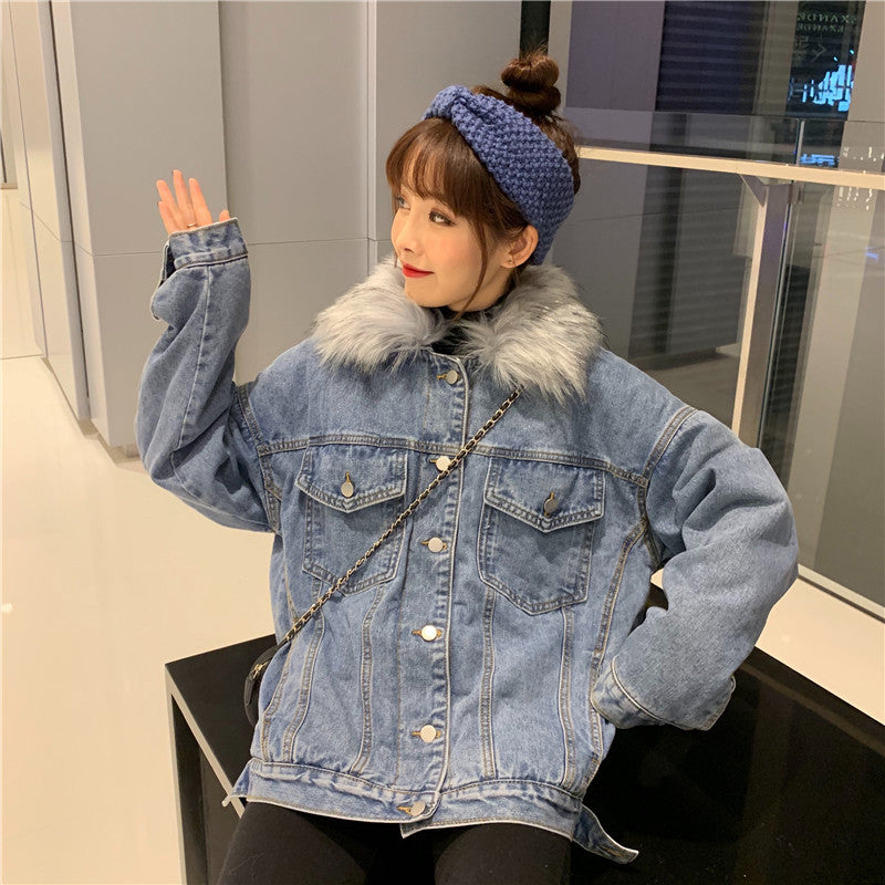 Cross-Border2022Winter New Korean Style Loose Thickened Fleece Rabbit Fur Inner Large Fur Collar Denim Jacket Women's Cotton Coat