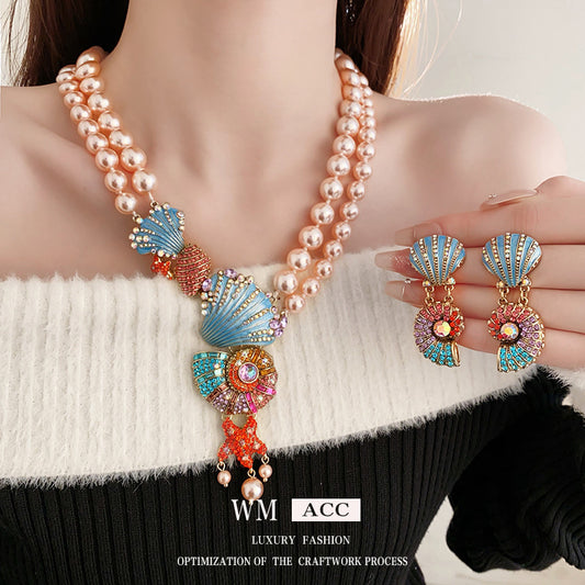 Medieval vintage Necklace with Inlaid Diamonds, Oil Drop Shell Conch Pearl Necklace, Exaggerated Vintage Jewelry Manufacturer Wholesale
