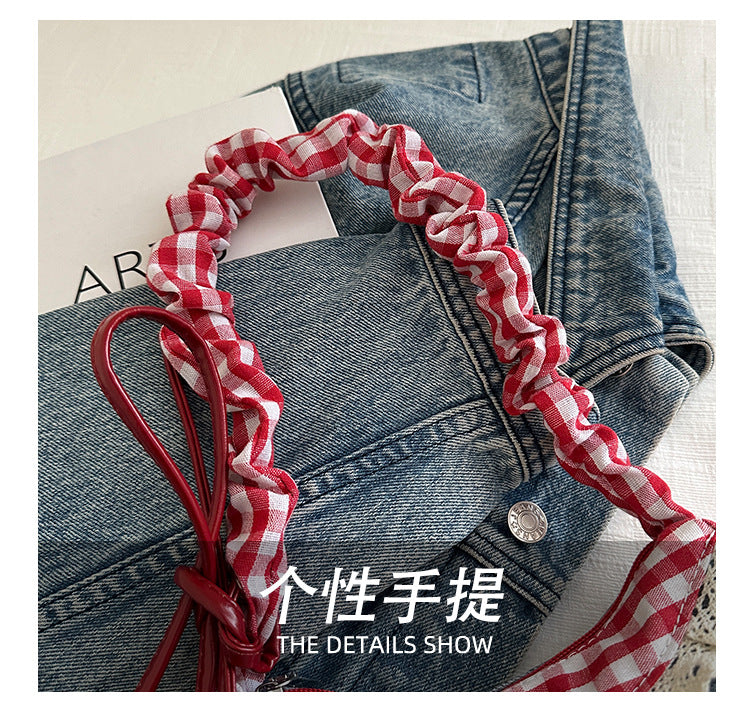 Super Popular Crossbody Bag for Women2025New Plaid Fabric Bag Wrinkled Color-Block Shoulder Bag Popular Commuter Small Square Bag