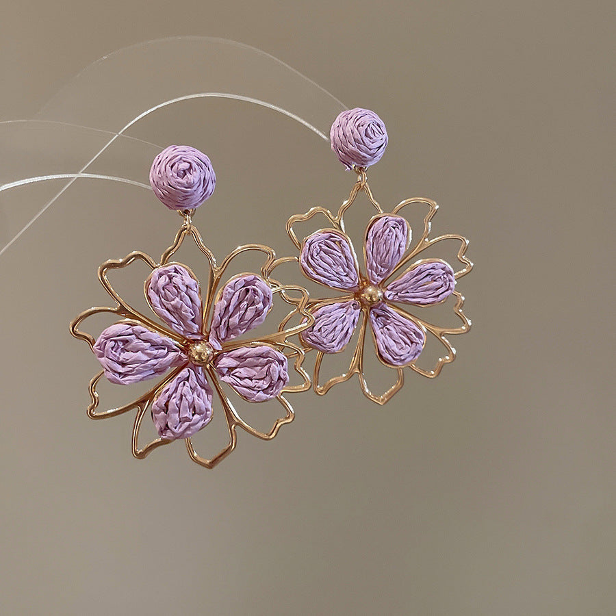 Resort Style Silver Needle Fabric Flower Tassel Earrings High-End Fashion Earrings Bohemian Sweet Exaggerated Ear Jewelry