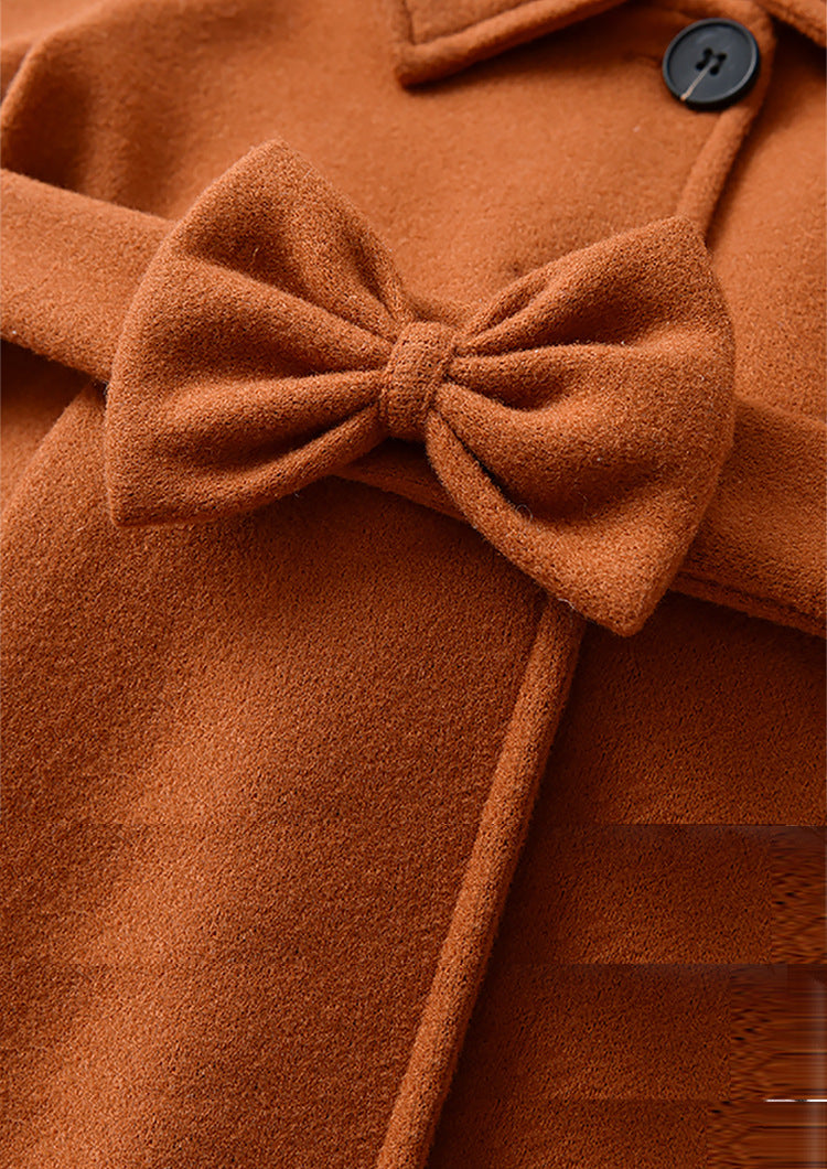 Cross-Border E-commerce Children's Coat Autumn Girls' Bow Thickened Korean Style Mid-Length Woolen Coat Manufacturer Wholesale