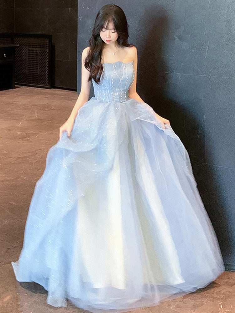Blue Strapless Dress Puff Skirt Runaway Princess Fairy Dress Light Luxury High-end Evening Dress Host Slim Fit Elegant