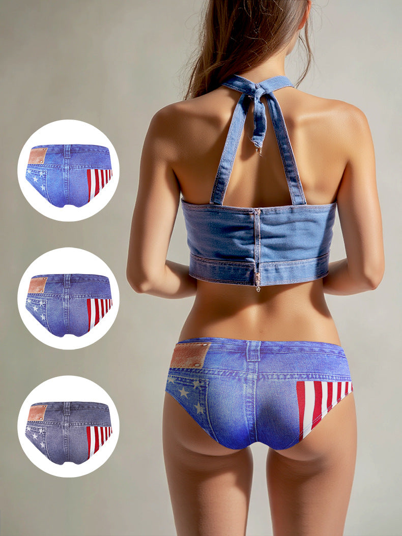 Anti-Exposure Women's Sexy Underwear Milk Silk Printed Cotton Crotch Women's Shorts Quick-Dry Summer Thin Denim Briefs
