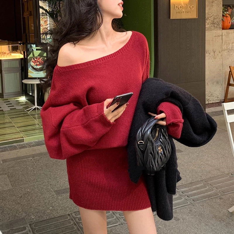 Korean Style Asymmetrical Shoulder Batwing Sleeve Sweater Dress for Women2025Autumn and Winter New Style Belted Elegant Hot Girl Bodycon Mini Dress