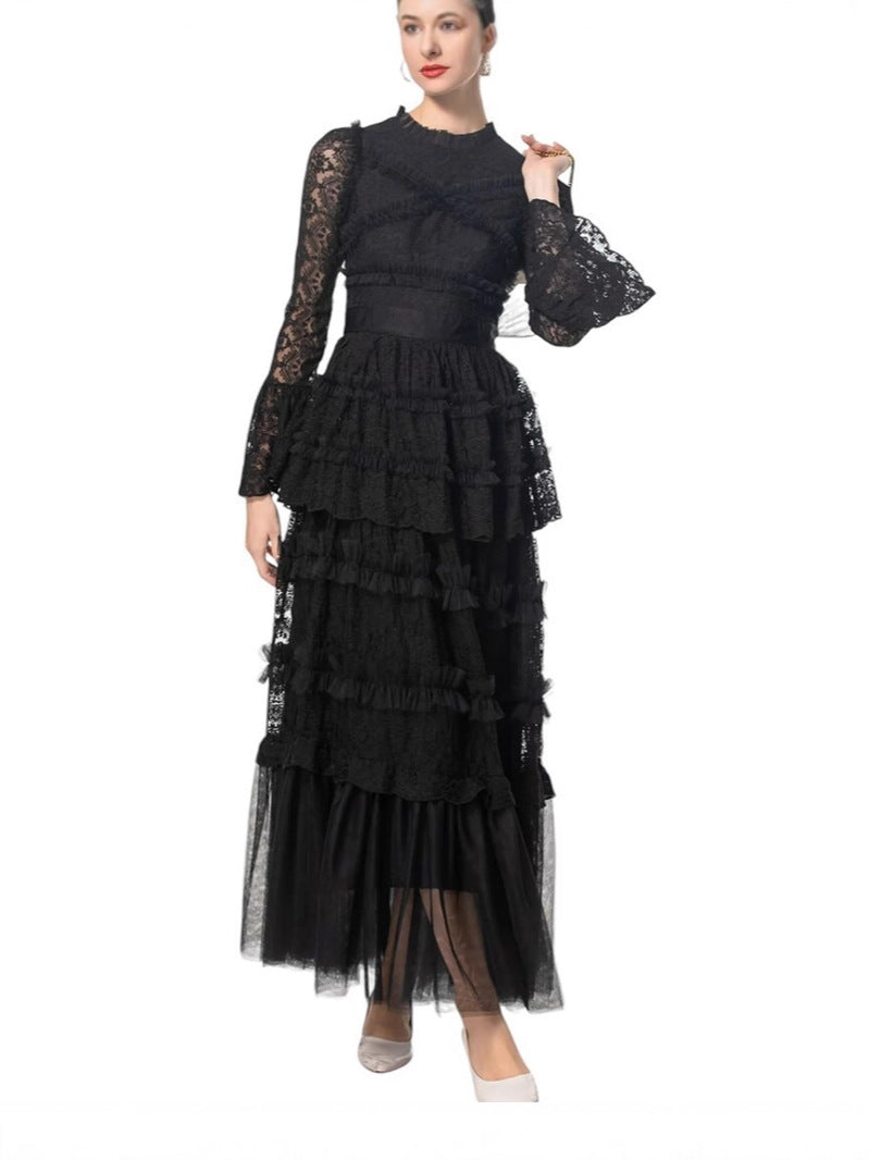 2025Early Autumn New Bell Sleeve Vintage Lace Mesh Patchwork Dress Women Slim Elegant Long Dress