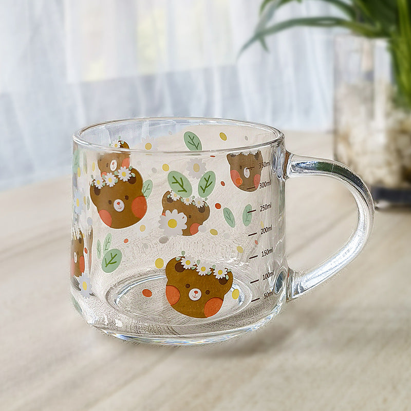 ins Glass Cup with Straw Milk Breakfast Cup Cute Cartoon Graduated Cup with Lid Spoon Gift Customization logo