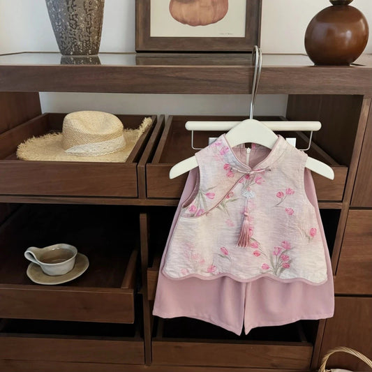 【Sweet Little Chef】Drunk Peach Blossom!Baby Girl New Chinese Style Pink Jacquard Cheongsam Straight Pants Fashionable Set