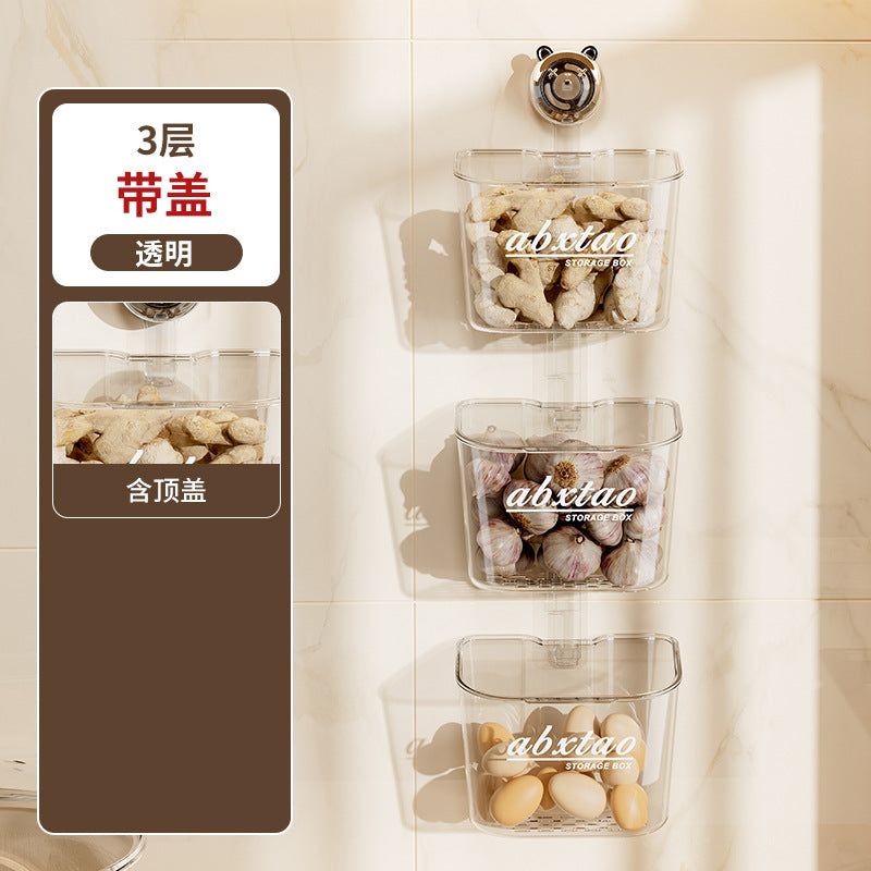 Kitchen Onion Ginger Garlic Storage Box Wall-Mounted Suction Cup Draining Rack Ginger Garlic Storage Artifact No-Drill Hanging Basket