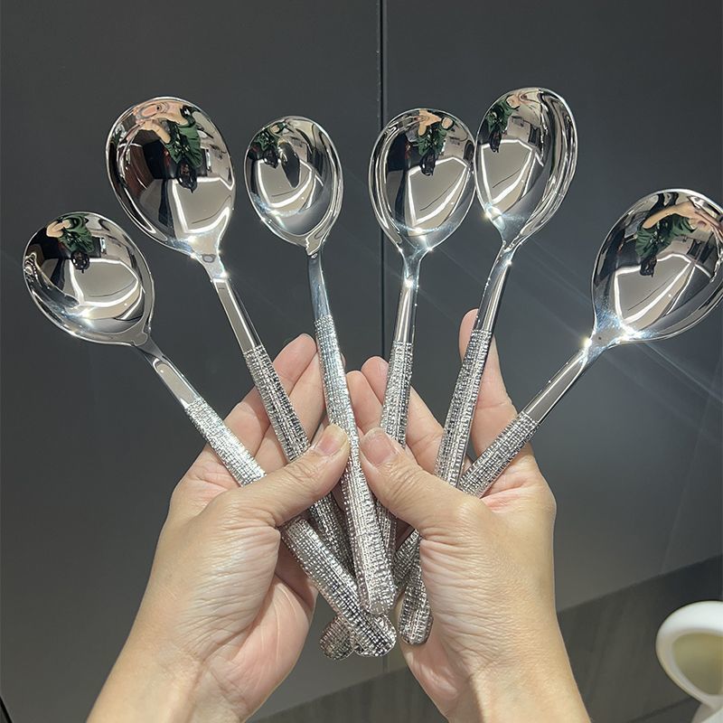 Korean Style Ice Pattern Spoon Soup Spoon Stainless Steel Hammered Long Handle Spoon Dining Western Soup Spoon Student Spoon Adult Rice Spoon