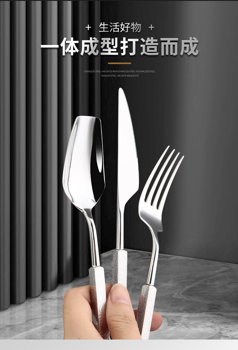 New304Stainless Steel Western Tableware Fantawild Hammered Pattern Knife Fork Spoon Set Integrated Thickened Fork Household Spoon