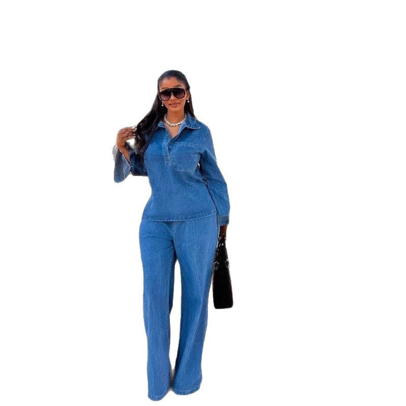 Cross-Border European and American New Women's Denim Suit Long Sleeve Lapel Pocket Top Lace-up Straight-leg Pants Two-piece Set