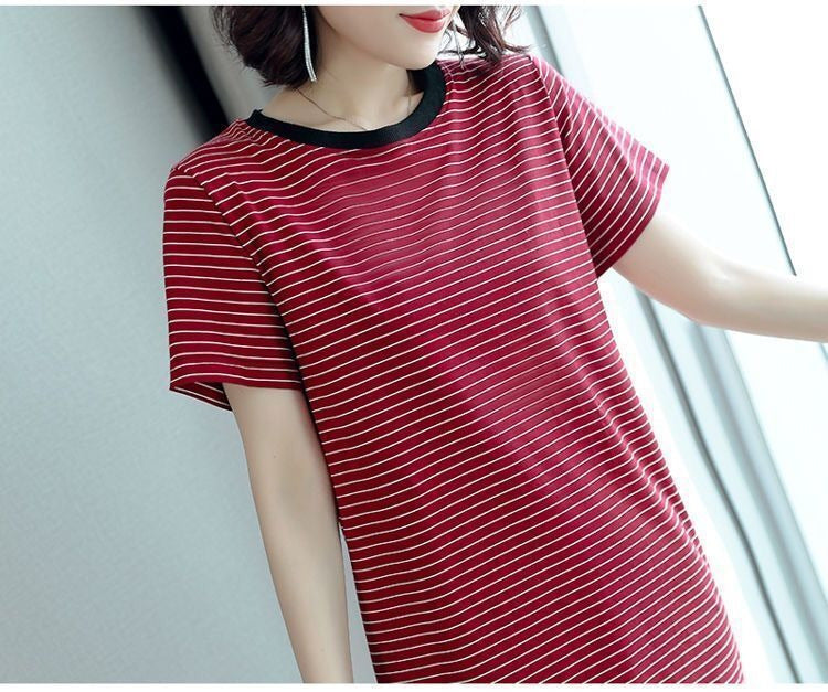 Summer Waist-Cinching Dress Plus Size Middle-Aged and Elderly Mom Outfit Mid-Length Striped Short Sleeve T Women's T-shirt Skirt Cross-Border Wholesale