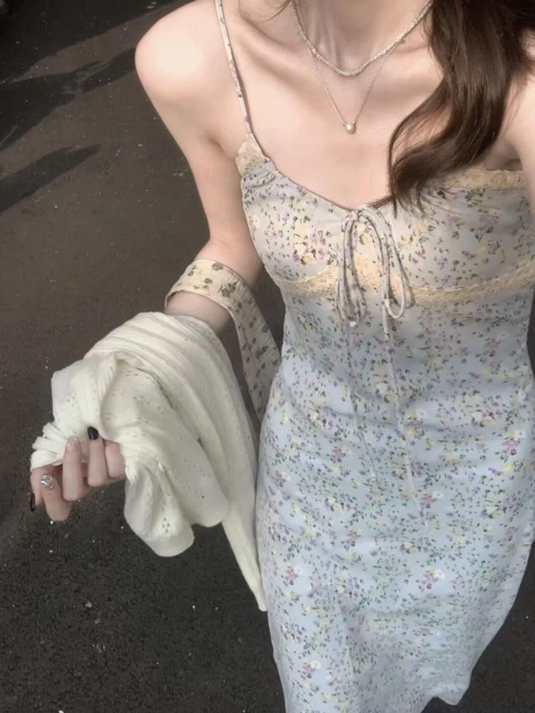 Petite Dress Sun Protection Cardigan Lace Two-Piece Set Tea Break Style Sweet Floral New Strap Outfit Set