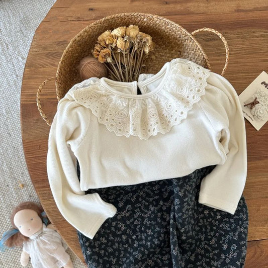 Sweet Little Girl's Base Shirt Autumn New Lace Trim Vertical Stripes Solid Color Top Baby Girl Elastic Long Sleeve