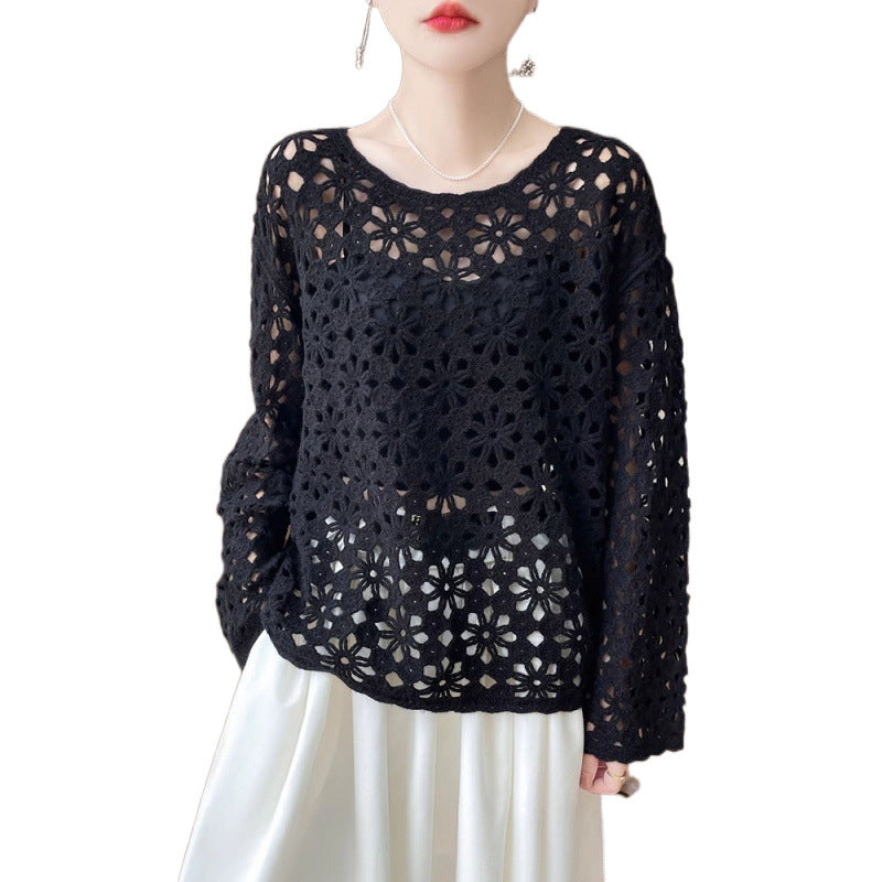 Early Autumn New Chinese Style Heavy Crochet Hollow Knit Sweater for Women100Commuting Autumn Lazy Style Sweater Cardigan