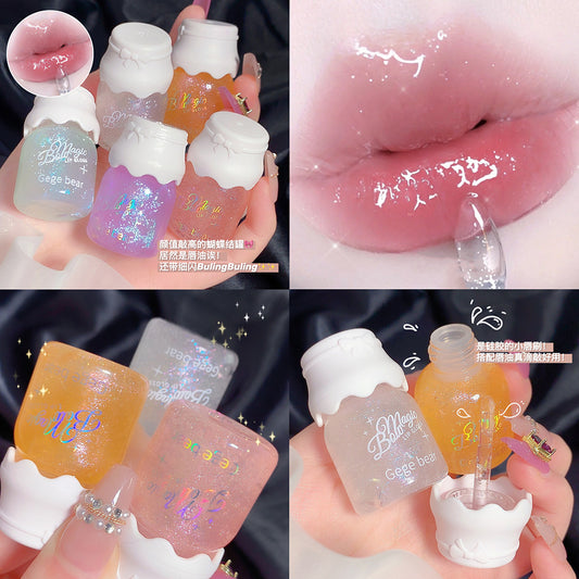 Gege bear Gogo Bear Bowknot Radiant Lip Gloss Hydrating Moisturizing Nourishing Lip Line Reducing Jar Lip Oil