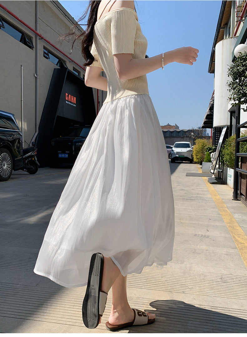 High-end Flowing Sheer Skirt for Women in Summer2025New Style Glassy Sheer Large Hem Mid-Length Draped a Women's pleated skirt