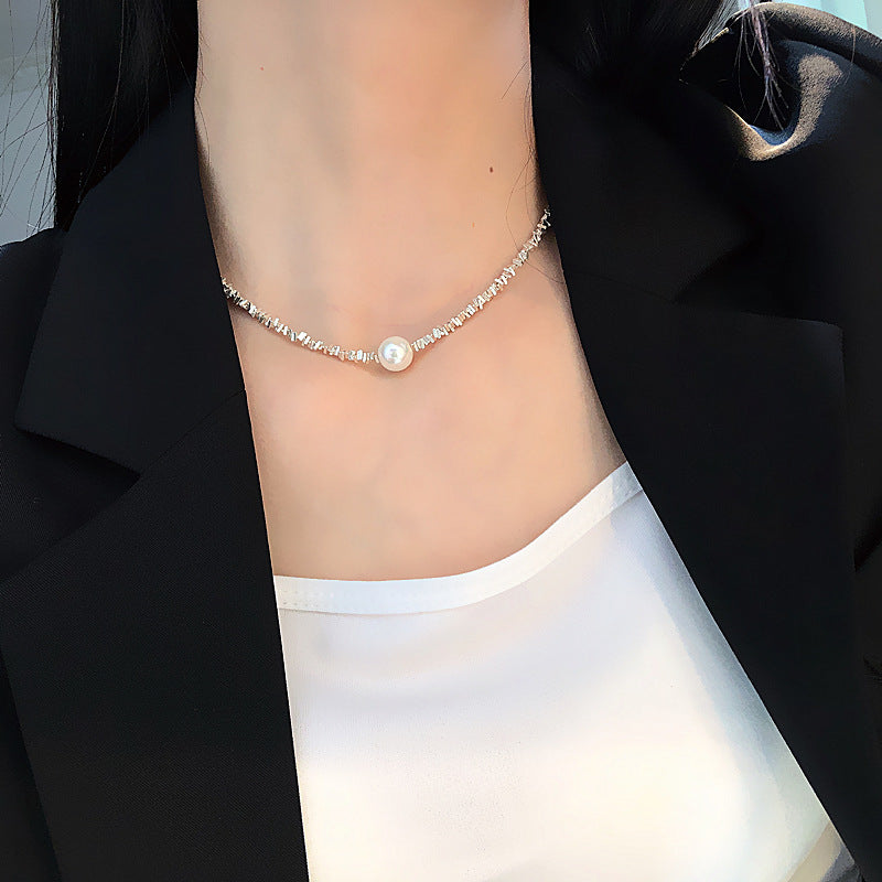 Artificial Fragmented Silver Irregular Pearl Necklace Light Luxury High-end Niche Fashion Choker Collarbone Chain Simple Accessory