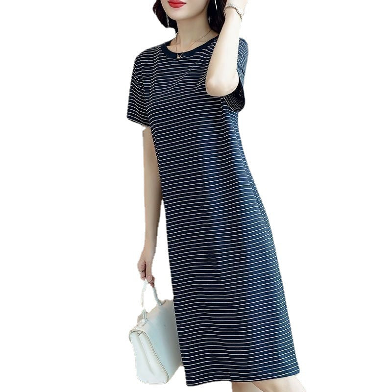 Summer Waist-Cinching Dress Plus Size Middle-Aged and Elderly Mom Outfit Mid-Length Striped Short Sleeve T Women's T-shirt Skirt Cross-Border Wholesale