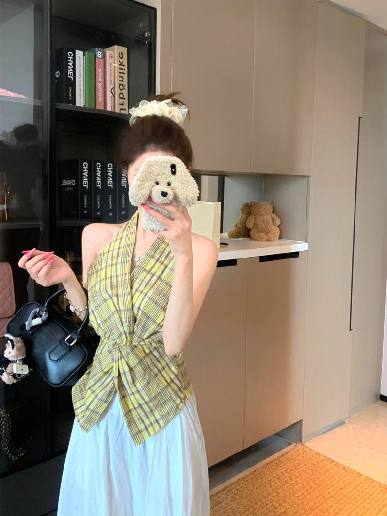 Summer2025New Korean Retro Plaid Knot Waist Slimming Elegant Halter Top Women's Camisole Trendy
