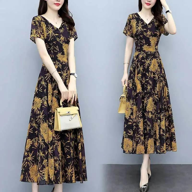 2022Summer New Chiffon Floral Dress Slimming Waist Plus Size Women mm Tummy-Covering Elegant Long Dress
