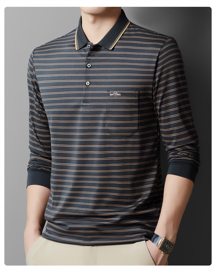 Autumn Men's Long Sleeve Cotton t Shirt for Middle-aged Dad Autumn Outfit with Turn-down Collar and Stripes POLO Base Layer Shirt T Grandpa's clothes