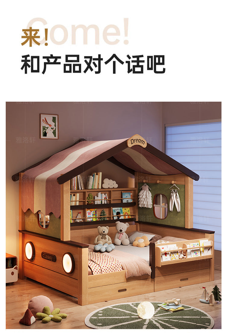 Children's Bed with Integrated Bunk, Space-Saving Bed with Guardrail, Double Tatami, Girl's Treehouse Princess1.35Bunk bed