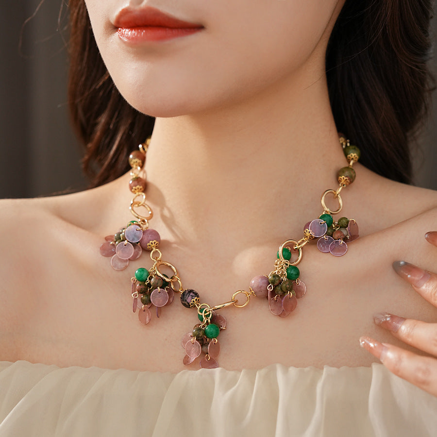 Medieval vintage Jewelry Set Natural Stone Shell Tassel Pendant Earrings Light Luxury High-end Vintage Necklace