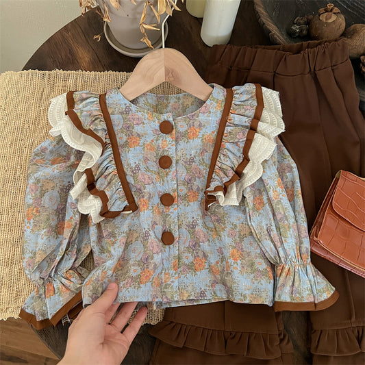Sweet Little Girl Autumn Outfit Set New Fashionable Retro Autumn Children's Flared Pants Autumn Style Internet Celebrity Children's Clothing