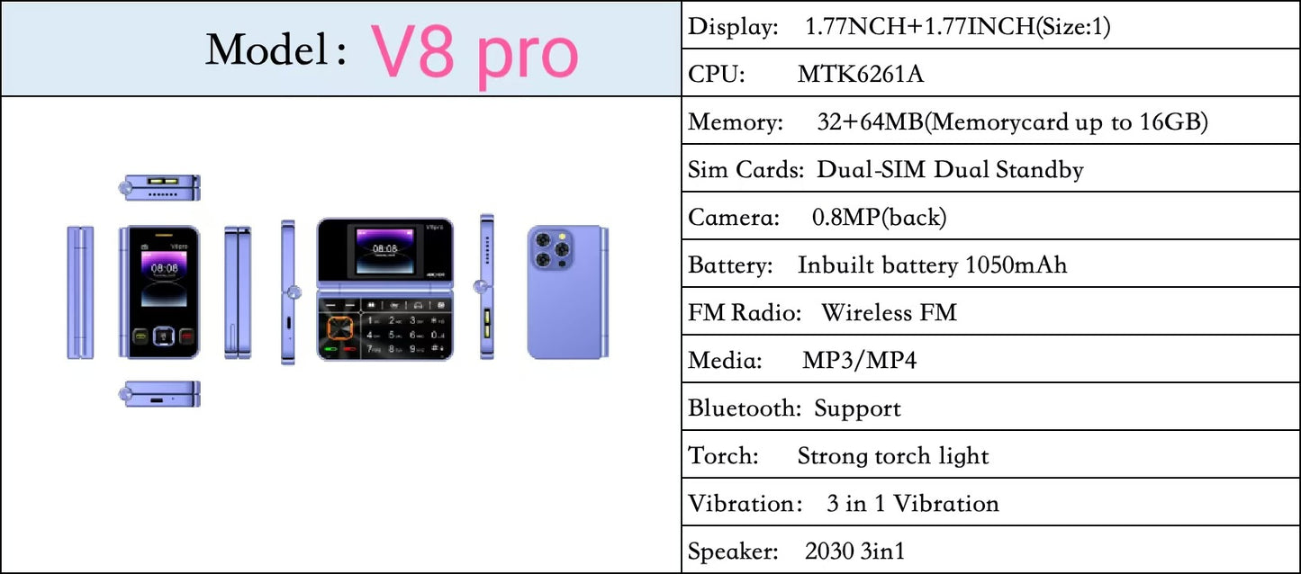Cross-Border Foreign Trade V8pro Dual Screen Folding Flip Function Phone2G Elderly Foreign Language Mobile Phone Large Buttons Flashlight