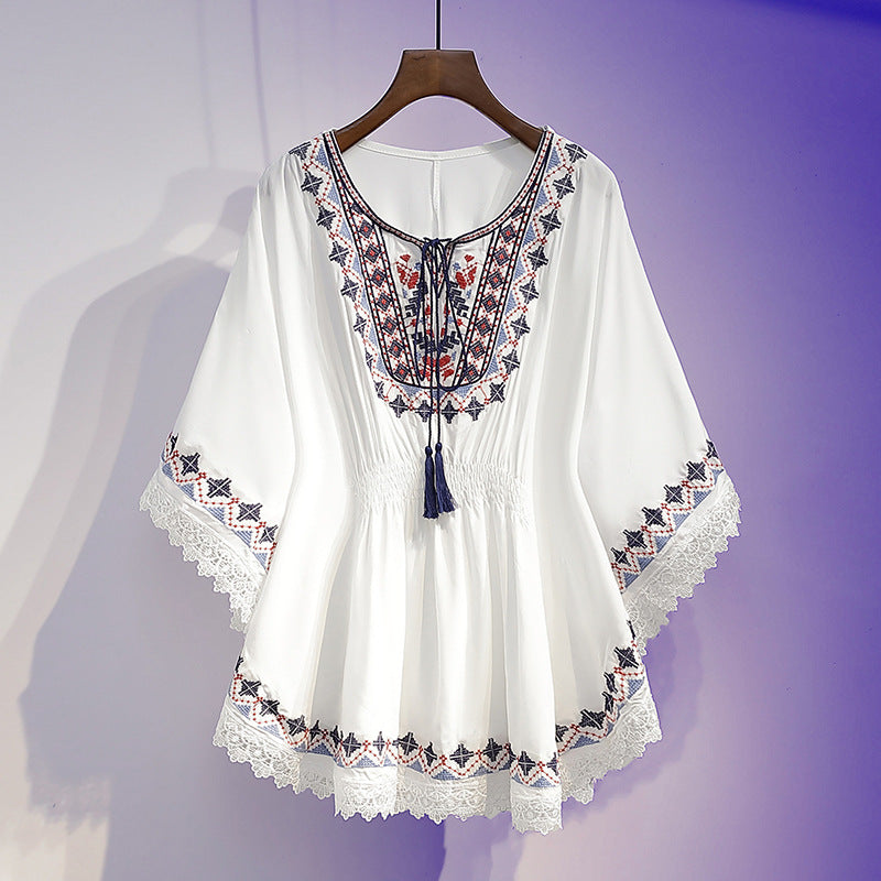 Summer Fashion Retro Slimming Top Women's Stylish Youthful Printed Five-Sleeve Round Neck Chiffon Blouse Women's Fashion