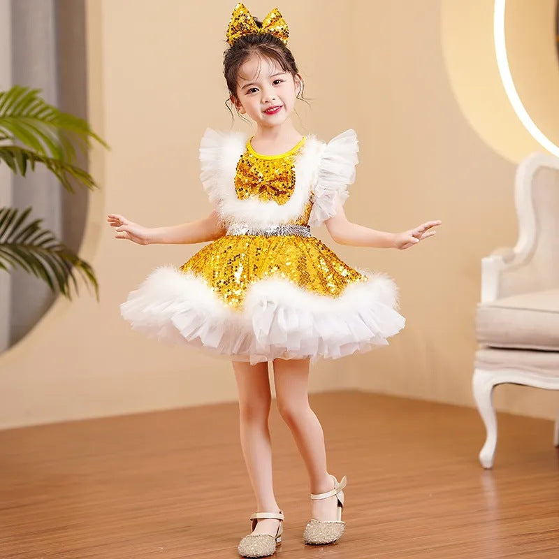 Children's Performance Costume Puffy Skirt for Girls New Sequin Tulle Skirt Kindergarten Dance Princess Dress Performance Costume for Girls