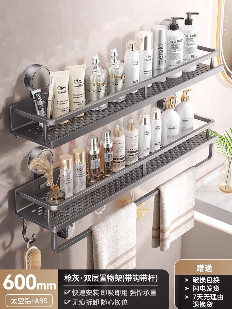 Space Aluminum Bathroom Suction Cup Storage Rack Wall-Mounted No-Drill Towel Rack Washstand Multifunctional Organizer