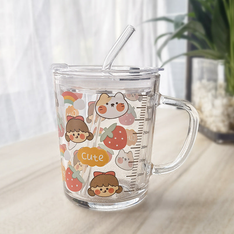 ins Glass Cup with Straw Milk Breakfast Cup Cute Cartoon Graduated Cup with Lid Spoon Gift Customization logo