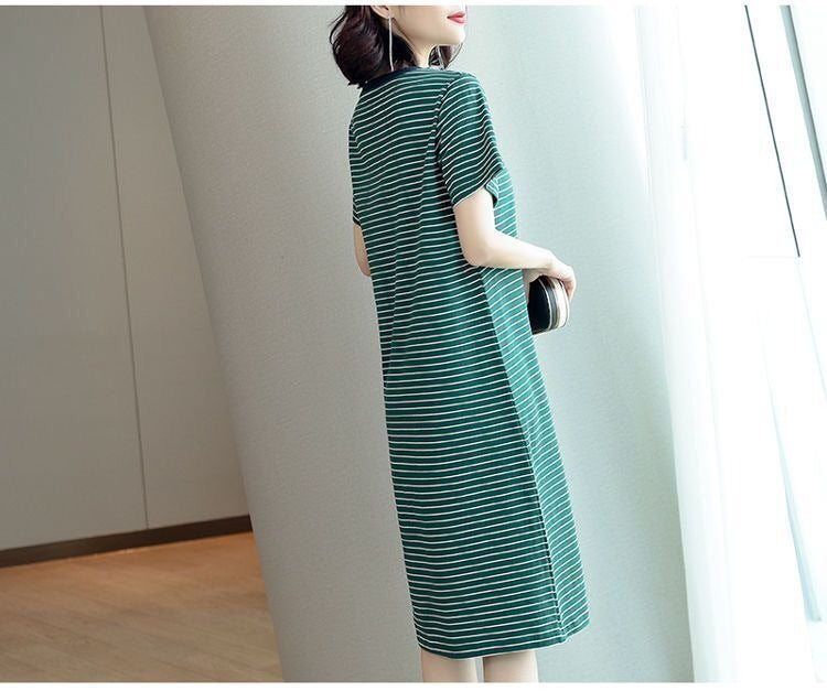 Summer Waist-Cinching Dress Plus Size Middle-Aged and Elderly Mom Outfit Mid-Length Striped Short Sleeve T Women's T-shirt Skirt Cross-Border Wholesale