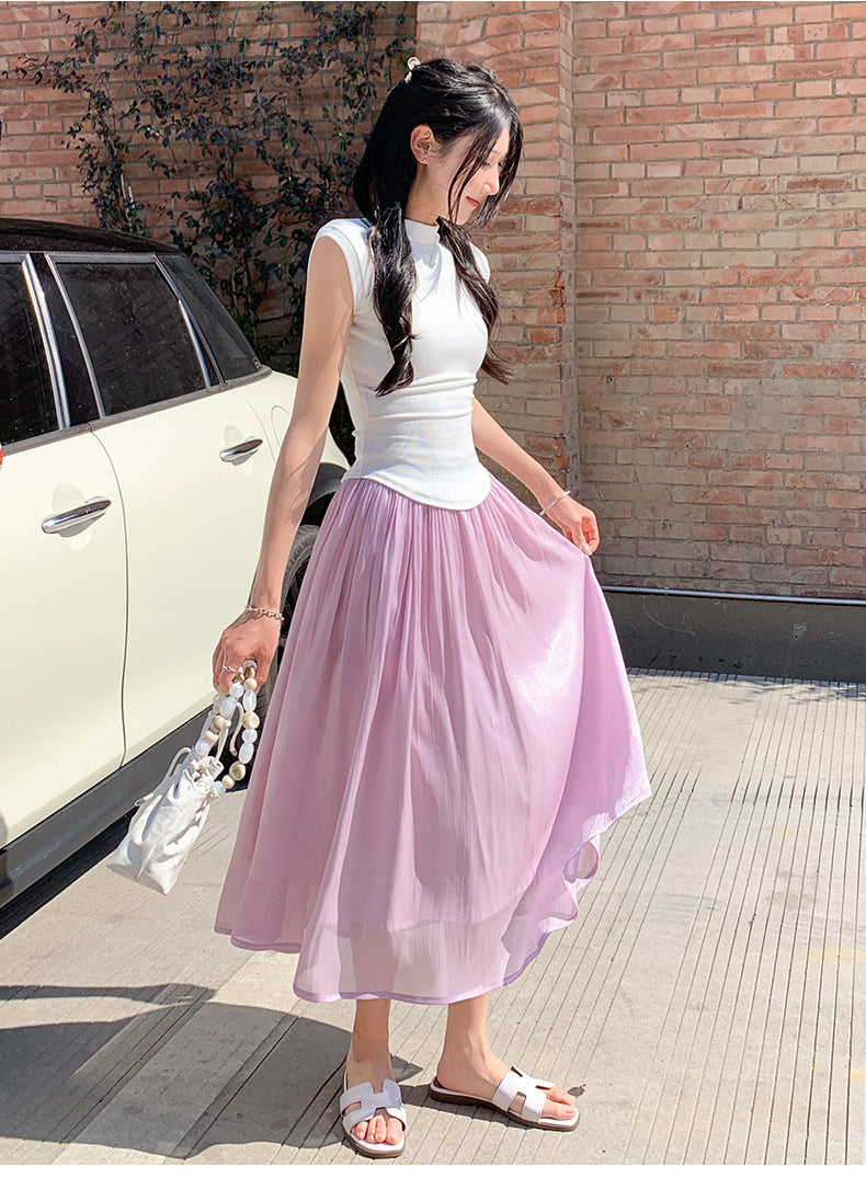 High-end Flowing Sheer Skirt for Women in Summer2025New Style Glassy Sheer Large Hem Mid-Length Draped a Women's pleated skirt
