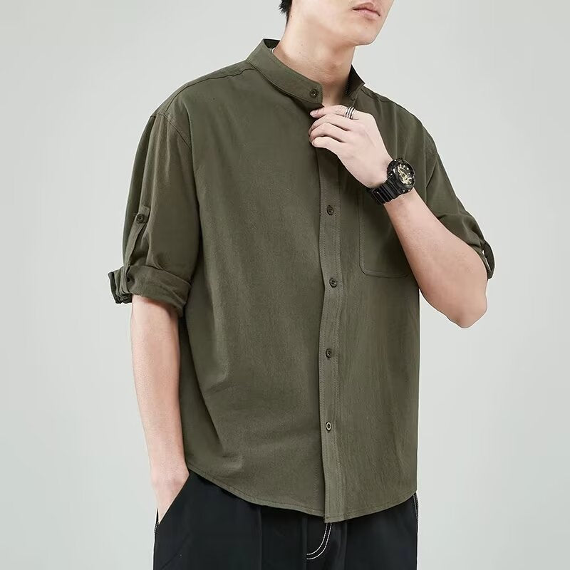 Japanese Retro Stand Collar Short Sleeve Shirt for Men Summer Trendy Brand Style Elegant Men's Shirt Plus Size Three Quarter Sleeve