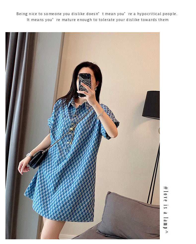 2-300Jin Fat mm Denim Blue Dress for Women Summer New Large Size Mid-Length Loose Short Sleeve T T-shirt Skirt