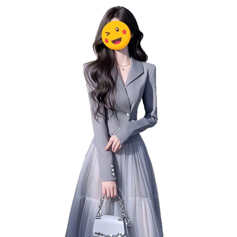 2025Spring 2023 Light Luxury High-End Elegant Socialite Little Chanel Style Gray Blazer Mesh Skirt Set