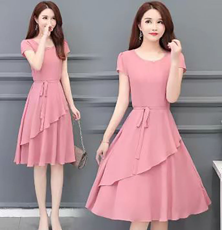 Summer New Fashionable Slimming Age-Reducing Skirt Elegant Mid-Length Style a Round Neck Plus Size Loose Women's Dress